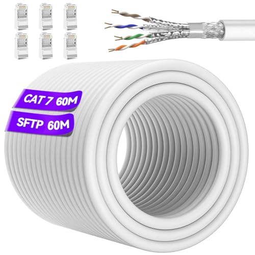 Lan Kabel 60 Meter, Cat 7 Kabel 60m, Netzwerkkabel Cat 7 Ethernet Kabel High Speed, S/FTP Kabel RJ45 Geschirmt Patchkabel Weiß Internet Kabel Wlan Kabel für Modem Router - 10 Gbps 600MHz von Soibke