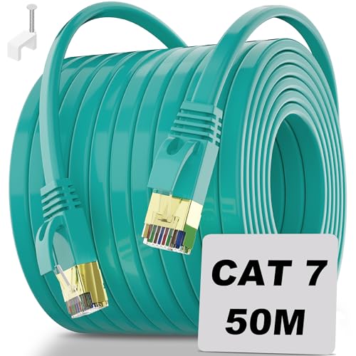 LAN Kabel 50 Meter, Cat 7 Netzwerkkabel 50m dünn, Hochgeschwindigkeits Internetkabel Gigabit Ethernet Kabel, Langes Wlan Kabel Flach Außen Patchkabel Geschirmt FTP - 10Gbit/s - 50 Clips für Router von Soibke
