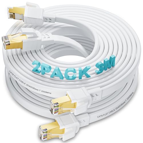 LAN Kabel 3M-2 Stück Cat 8 Ethernet Kabel Flach Hochgeschwindigkeit Netzwerkkabel 40Gbps RJ45 Internetkabel Geschirmt Wlan Kabel Weiß 2000MHz Gigabit Patchkabel für Modem Router von Soibke