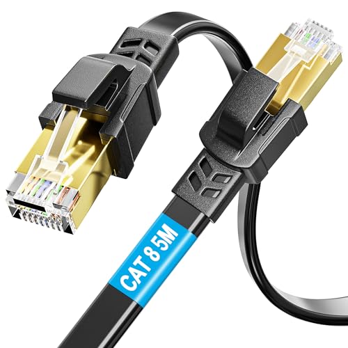 Soibke Cat 8 LAN Kabel 5 Meter, Netzwerkkabel 5m Flach Ethernet Kabel Outdoor Geschirmt Wlan Kabel 40Gbps 2000MHz Hochgeschwindigkeits RJ45 Gigabit Internet Patchkabel Schwarz für PC Router(5 Clips) von Soibke