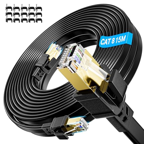 LAN Kabel 15 Meter Cat 8, Hochgeschwindigkeits Netzwerkkabel Geschirmt 15m Flach, Wlan Internet kabel 40Gbps 2000MHz Gigabit, RJ45 Ethernet Kabel Wasserdicht Patchkabel Schwarz für Modem Router von Soibke