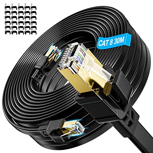 Soibke LAN Kabel 30m Cat 8, Netzwerkkabel 30 Meter Flach Geschirmt 40Gbps 2000MHz High Speed Wlan Ethernet Kabel RJ45 Gigabit Patch Internet kabel Lang Schwarz für Router Modem von Soibke