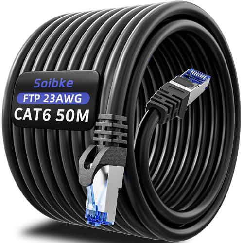 Soibke Lan Kabel 50 Meter, Cat 6 Netzwerkkabel 50m Outdoor EthernetKabel High Speed InternetKabel Außenbereich WifiKabel Geschirmt Patchkabel 1000Mbps Gigabit RJ45 Kabel Draußen WlanKabel für Router von Soibke