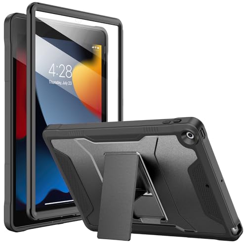 Soke Hülle für iPad 9./8./7. Generation 10,2 Zoll (2021/2020/2019) mit Eingebautem Bildschirmschutz und Ständer, Robuste Ganzkörper-Schutzhülle für Apple iPad 9 8 7 - Glänzendes Schwarz von Soke