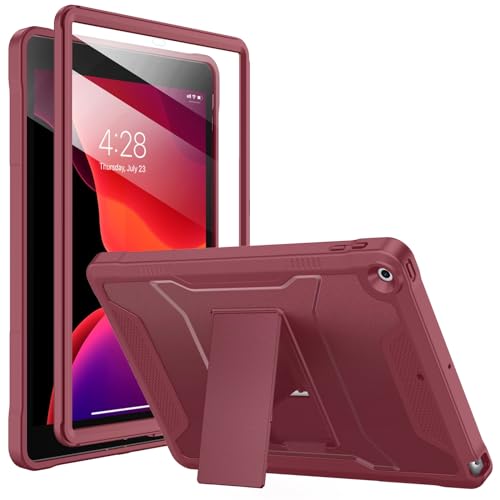 Soke Schutzhülle für iPad 9. / 8. / 7. Generation 10,2 Zoll (2021/2020/2019), mit integriertem Displayschutz und Ständer, robuste Ganzkörper-Schutzhülle für Apple iPad 10,2 Zoll (25,7 cm), Dunkelrot von Soke