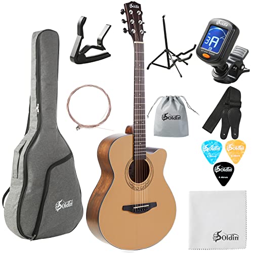 Soldin 40 Zoll Akustikgitarre Premium Massive Fichtendecke Cutway Acustica Guitarra Bundle Kit mit Gigbag,Gitarrenständer,Stimmgerät,Gurt,Kapodaster,Saiten,Reinigungstuch und Plektren (Natur) von Soldin