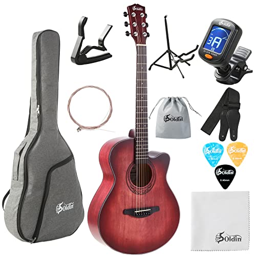 Soldin 40 Zoll Akustikgitarre Premium Massive Fichtendecke Guitarre Bundle Kit mit Gigbag,Gitarrenständer,Stimmgerät,Gurt,Kapodaster,Saiten,Reinigungstuch und Plektren (Bernsteinrot) von Soldin