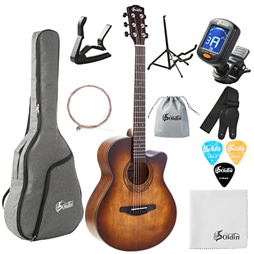 Soldin 40 Zoll Akustikgitarre Premium Massive Fichtendecke Guitarre Bundle Kit mit Gigbag,Gitarrenständer,Stimmgerät,Gurt,Kapodaster,Saiten,Reinigungstuch und Plektren (Kaffeebraun) von Soldin