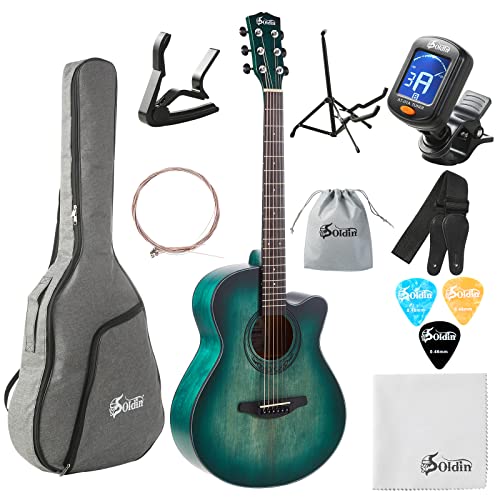 Soldin 40 Zoll Akustikgitarre Premium Massive Fichtendecke Guitarre Bundle Kit mit Gigbag,Gitarrenständer,Stimmgerät,Gurt,Kapodaster,Saiten,Reinigungstuch und Plektren (Nilblau) von Soldin