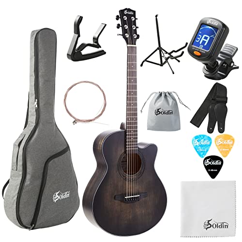 Soldin 40 Zoll Akustikgitarre Premium Massive Fichtendecke Guitarre Bundle Kit mit Gigbag,Gitarrenständer,Stimmgerät,Gurt,Kapodaster,Saiten,Reinigungstuch und Plektren (Schwarz) von Soldin