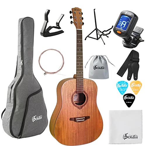 Soldin 41 Zoll Dreadnought Akustikgitarre aus Mahagoni Bundle Kit mit Gigbag,Gitarrenständer,Stimmgerät,Gurt,Kapodaster,Saiten,Reinigungstuch und Plektren – Natur von Soldin