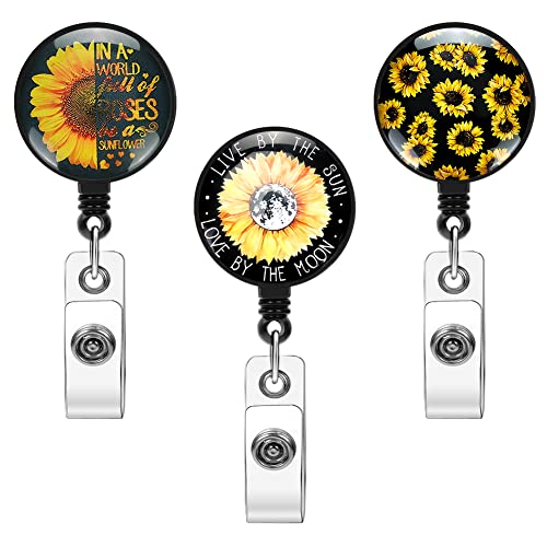 Soleebee 3 Stk Schlüsselanhänger Ausziehbar, Sonnenblume Ausweis JoJo Einziehbarer Ausweishalter Schlüsselrolle, ID Name Badge Holder mit 360 ° drehbarer Krokodilklemme für Kartenhalter Ausweishülle von Soleebee