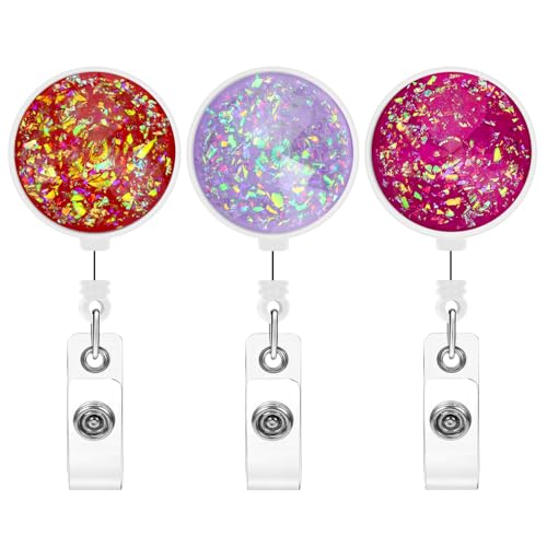 Soleebee Ausziehbare Ausweishalter für Krankenschwestern, mit 360° drehbarem Krokodilclip und 61 cm robuster Nylonschnur, glitzernde Pailletten, Diamantform, Abzeichen-Clips (lila + rot + Hot Pink), 3 von Soleebee