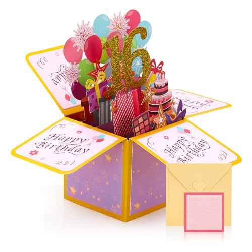 Soleebee Pop-Up Geburtstagskarte, 3D Pop up Karte zum Geburtstag Grußkarten mit Umschlag für Mütter Frauen Männer Ehefrau Freunde Romantik Geschenk (16 Jahre Alt) von Soleebee