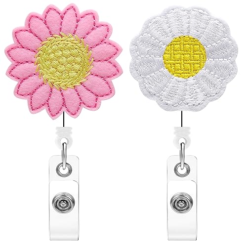 Soleebee Schlüssel JoJo Ausziehbar, Aufgestickte Sonnenblume Ausweis JoJo Schlüsselanhänger Einziehbarer Ausweishalter ID Name Badge Holder mit drehbarer Krokodilklemme für Kartenhalter (Rosa + Weiß) von Soleebee