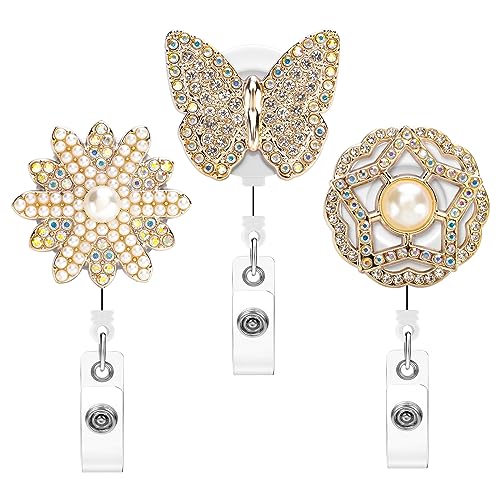 Soleebee Schlüsselanhänger Ausziehbar, Bling Strass Perlen Ausweis JoJo Einziehbarer Ausweishalter Schlüsselrolle, ID Name Badge Holder mit drehbarer Krokodilklemme für Kartenhalter (3Stk Set B) von Soleebee