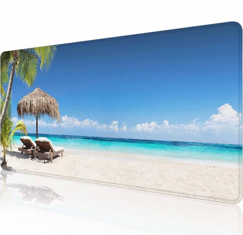 Gaming-Mauspad, XXL, erweiterte Computer-Tastatur, langes Mauspad, große Schreibtischunterlage für Büro-Laptop, rutschfeste Gummiunterseite mit genähtem Rand, 80 x 29 cm, tropische Palme und Strand von Solekla