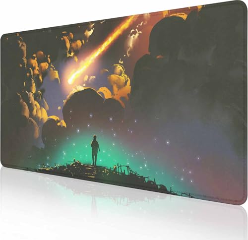 Gaming-Mauspad, groß, Tastatur-Mauspad, Schreibtischunterlage, rutschfeste Gummiunterseite mit genähten Kanten, Mauspad, 35,4 x 49,7 cm, Junge sieht Meteor in buntem Himmel aus von Solekla