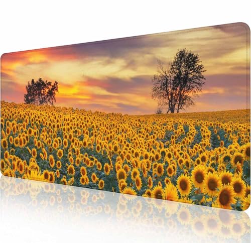 Gaming-Mauspad, groß, rutschfeste Gummiunterseite, Tastatur-Mauspad, Schreibtischunterlage mit genähten Kanten, 80 x 30 cm, Sonnenblumen-Blumenmuster von Solekla