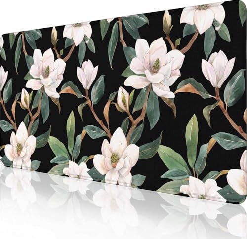 Gaming-Mauspad, groß, rutschfeste Gummiunterseite, Tastatur-Mauspad, Schreibtischunterlage mit genähten Kanten, 89,9 x 39,9 cm, Aquarell-weiße Magnolien-Blumen von Solekla