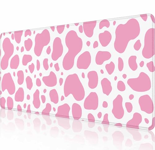 Gaming-Mauspad, große Mauspads für den Schreibtisch, rutschfeste Gummiunterseite, Tastatur-Mauspad, Schreibtischunterlage mit genähten Kanten, 80 x 30 cm, rosa Kuhdruck von Solekla
