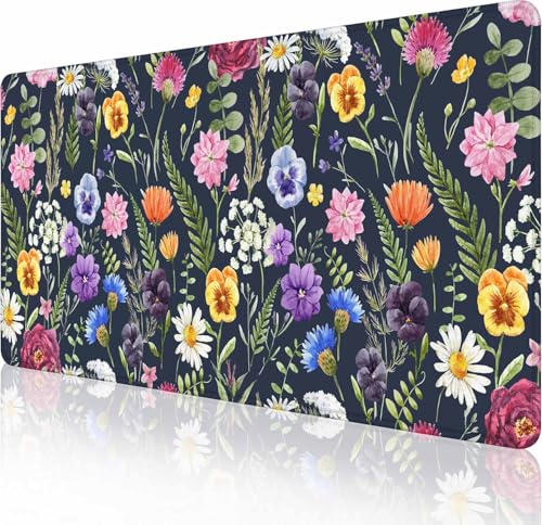Gaming-Mauspad, großes Mauspad für Damen, rutschfeste Gummiunterseite, Tastatur-Mauspad, Schreibtischunterlage mit genähten Kanten, 89,9 x 40,9 cm, Aquarell-Blumenmuster von Solekla