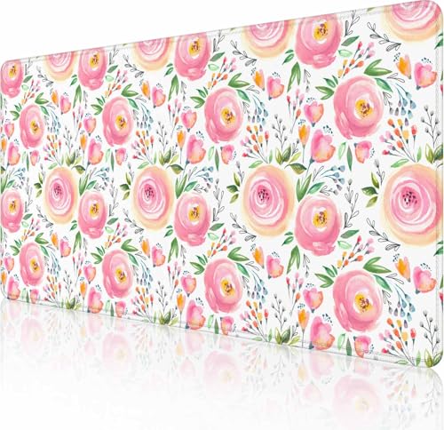 Gaming-Mauspad, großes Mauspad für Damen, rutschfeste Gummiunterseite, Tastatur-Mauspad, Schreibtischunterlage mit genähten Kanten, 89,9 x 40,9 cm, Aquarell-Blumenmuster von Solekla