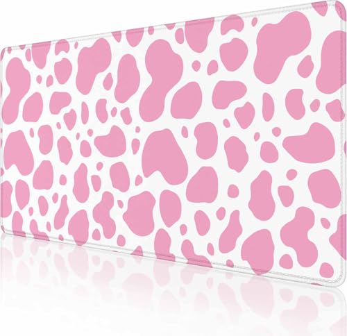 Gaming-Mauspad, großes Mauspad für den Schreibtisch, rutschfeste Gummiunterseite, Tastatur-Mauspad, Schreibtischunterlage mit genähten Kanten, 89,9 x 40,9 cm, rosa Kuhdruck von Solekla