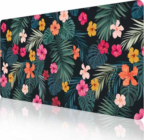Gaming-Mauspad, großes Mauspad für den Schreibtisch, rutschfeste Gummiunterseite, Tastatur-Mauspad, Schreibtischunterlage mit genähten Kanten, 90,9 x 40,9 cm, Hibiskusblüten und Palmblätter Gaming-Mauspad, großes Mauspad für den Schreibtisch, rutschfeste Gummiunterseite, Tastatur-Mauspad, Schreibtischunterlage mit genähten Kanten, 90,9 x 40,9 cm, Hibiskusblüten und Palmblätter von Solekla