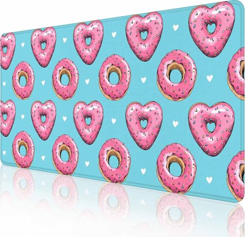 Gaming-Mauspad, großes rosa Herz-Donut-Mauspad für den Schreibtisch, rutschfeste Gummiunterseite, Tastatur-Mauspad, Schreibtischunterlage mit genähten Kanten, 89,9 x 40,9 cm von Solekla