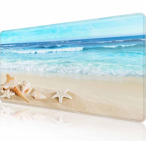 Gaming-Mauspad, großes rutschfestes Gummiunterteil, Tastatur-Mauspad, Schreibtischunterlage mit genähten Kanten, 80 x 30 cm, Strand mit Muscheln im Sand von Solekla
