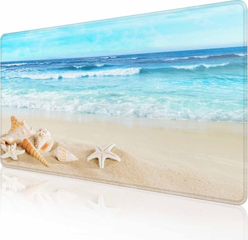 Gaming-Mauspad, großes rutschfestes Gummiunterteil, Tastatur-Mauspad, Schreibtischunterlage mit genähten Kanten, 89,9 x 40,9 cm, Strand mit Muscheln im Sand von Solekla
