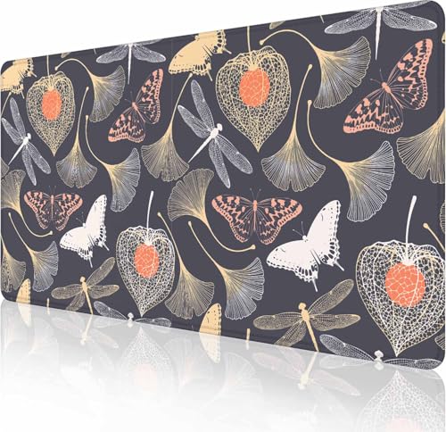 Großes Gaming-Mauspad mit genähten Kanten, Blumenmuster mit Ginkgoblättern, erweitertes Tastatur-Pad, rutschfeste Gummiunterseite, Schreibtischunterlage für Tastatur und Maus, 90 x 40 cm von Solekla