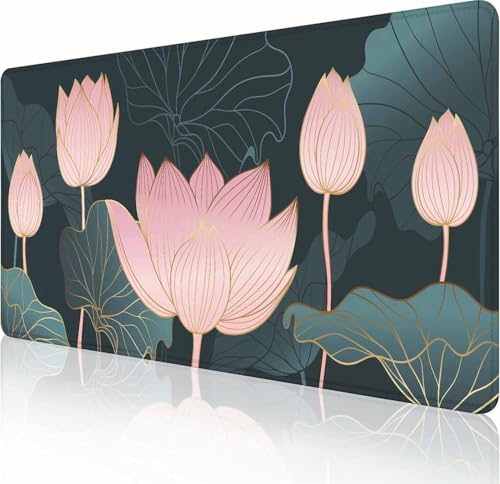 Großes Gaming-Mauspad mit genähten Kanten, Lotusblumen-Schreibtischmatte, erweitertes XL-Tastatur-Pad, rutschfeste Gummiunterseite, Schreibtischunterlage für Tastatur und Maus, 90 x 40 cm von Solekla