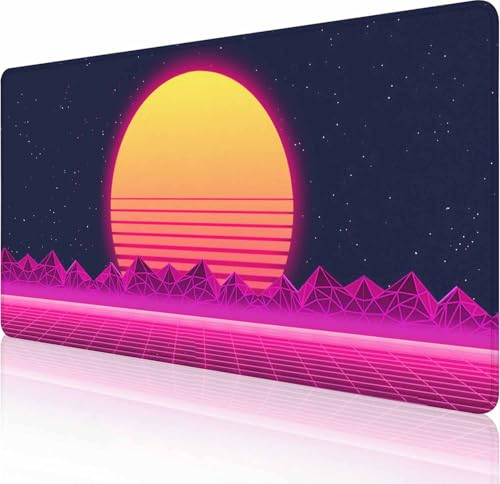 Großes Gaming-Mauspad mit genähten Kanten, Retro-Lila, coole Vaporwave-Schreibtischmatte, erweiterte XL-Tastaturunterlage, rutschfeste Gummiunterseite, Schreibtischunterlage für Tastatur und Maus, 90 von Solekla