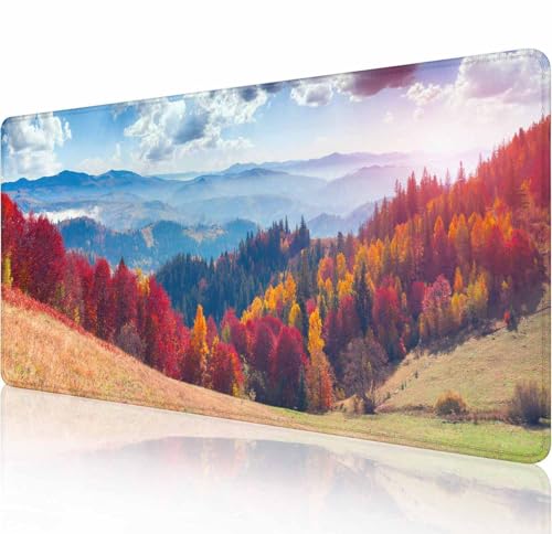 Großes Gaming-Mauspad mit genähten Kanten, Schreibtischunterlage, erweiterte Tastaturunterlage, rutschfeste Gummiunterseite, Schreibtischunterlage für Laptop, Büro, Zuhause, 80 x 29 cm, Herbstbergdorf von Solekla