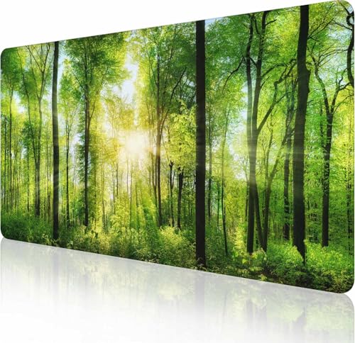 Großes Gaming-Mauspad mit genähten Kanten, Schreibtischunterlage mit Sonnenlicht-Wald, erweiterte Tastaturunterlage, rutschfeste Gummiunterseite, Schreibtischunterlage für Tastatur und Maus, 90 x 40 von Solekla