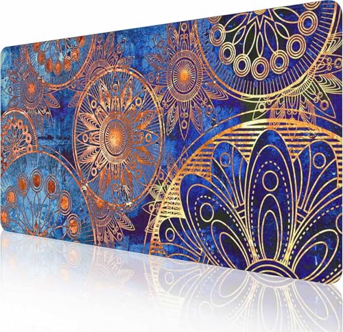 Großes Gaming-Mauspad mit genähten Kanten, Vintage-Mauspad mit Mandala-Grunge-Schreibtischmatte, erweitertes XL-Tastatur-Pad, rutschfeste Gummiunterseite, Schreibtischunterlage für Tastatur und Maus von Solekla