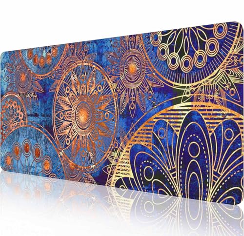 Großes Gaming-Mauspad mit genähten Kanten, Vintage-Mauspad mit Mandala-Grunge-Schreibtischmatte, erweitertes XL-Tastatur-Pad, rutschfeste Gummiunterseite, Schreibtischunterlage für Tastatur und Maus von Solekla