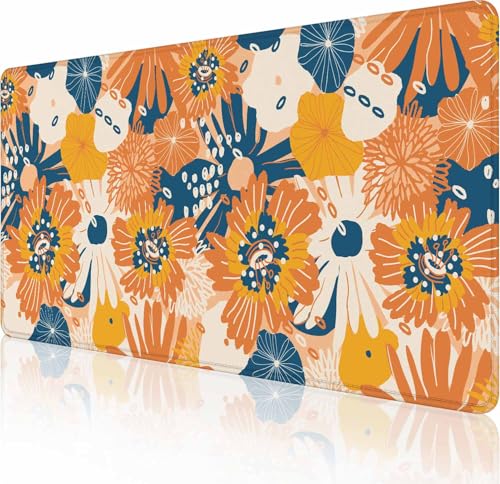 Großes Gaming-Mauspad mit genähten Kanten, blau-orangefarbene Blumen, erweiterte XL-Tastaturunterlage, rutschfeste Gummiunterseite, Schreibtischunterlage für Tastatur und Maus, 90 x 40 cm von Solekla