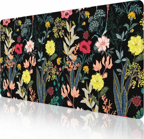 Großes Gaming-Mauspad mit genähten Kanten, blühende Blumen-Schreibtischmatte, erweiterte XL-Tastaturunterlage, rutschfeste Gummiunterseite, Schreibtischunterlage für Tastatur und Maus, 90 x 40 cm von Solekla