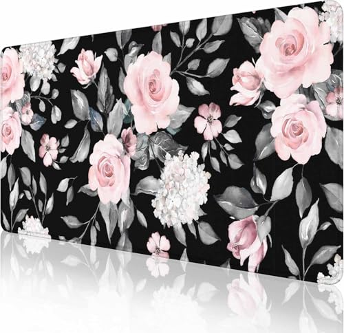 Großes erweitertes Gaming-Mauspad, große rutschfeste Gummiunterseite, Tastatur-Mauspad, Schreibtischunterlage mit genähten Kanten, 89,9 x 39,9 cm, Blumen und Blätter von Solekla