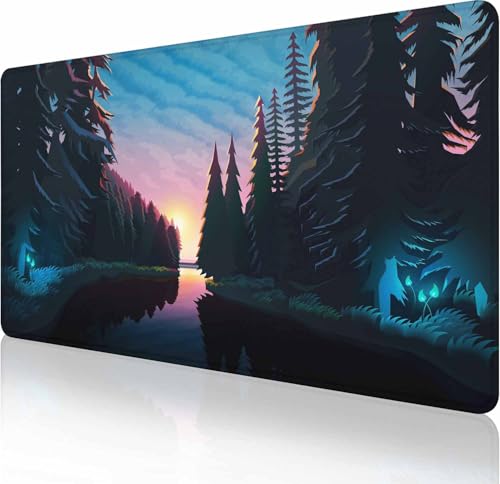 Großes erweitertes Gaming-Mauspad mit genähten Kanten, rutschfeste Gummiunterseite, Mauspad für Büro, Computer, Tastatur, Laptop und Schreibtischunterlage für Zuhause, 80 x 40 cm, Wald-Sonnenuntergang von Solekla