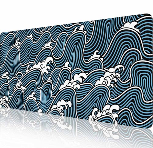 Japanische Ozeanwellen-Schreibtischunterlage, blau, großes Mauspad, Gaming-Mauspad, erweitertes XXL-Tastatur-Pad, 80 x 29 cm, Laptop, Computer, Maus, Tastatur, Matte für Büro, Schreibtisch-Dekoration von Solekla