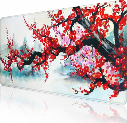 Japanische Schreibtischunterlage, Kirschblüten, Aquarell-Schreibtischunterlage, großes Mauspad, Gaming-Mauspad, erweitertes XXL-Tastatur-Pad, 35,4 x 15,78 cm, Laptop, Computer, Maus, Tastatur, Matte von Solekla