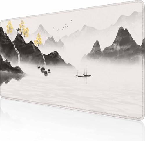 Mauspad, Büro-Schreibtischunterlage, groß, Gaming-Tastatur-Pad, genähte Kanten, waschbar, glatte Oberfläche, Kontrolle und Genauigkeit, erweitertes Computer-Mauspad (90 x 40 cm), chinesische Tinte von Solekla