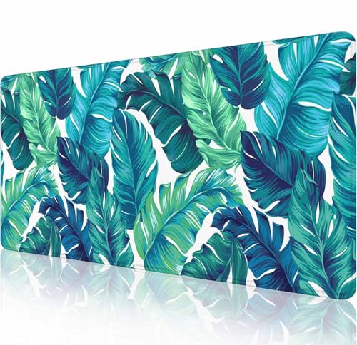 Mauspad Gaming, große XXL-Mauspads, rutschfeste Gummiunterseite, Tastatur-Mauspad, Schreibtischunterlage mit genähten Kanten, 80 x 30 cm, türkis und grüne tropische Blätter von Solekla