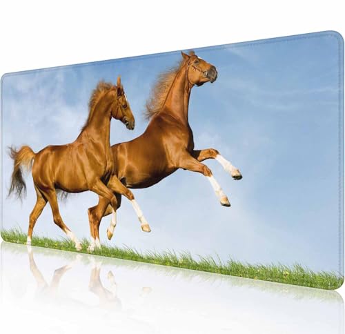 Mauspad Gaming, große XXL-Mauspads, rutschfeste Gummiunterseite, Tastatur-Mauspad, Schreibtischunterlage mit genähten Kanten, 80 x 30 cm, zwei Chesnut Horses von Solekla