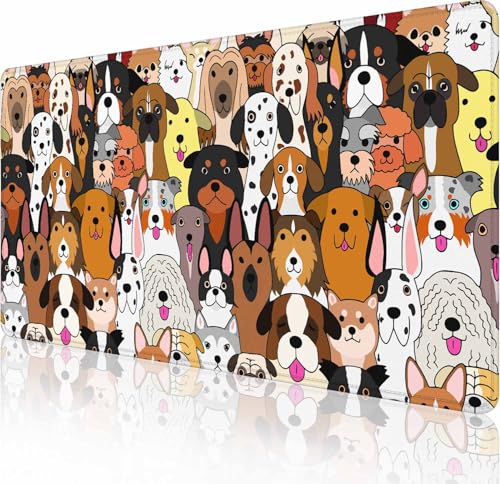 Mauspad Gaming, großes Mauspad für Schreibtisch, Tastatur-Mauspad, Schreibtischunterlage, rutschfeste Gummiunterseite mit genähten Kanten, 90,9 x 40,9 cm, bunte Hunde von Solekla