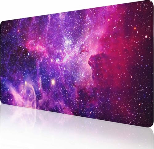 Mauspad Gaming, großes Mauspad für Schreibtisch, Tastatur-Mauspad, Schreibtischunterlage, rutschfeste Gummiunterseite mit genähten Kanten, 90,9 x 40,9 cm, violette Weltraumgalaxie von Solekla